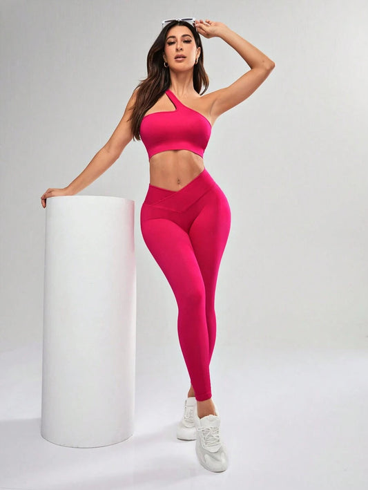 Conjunto 2pzs de Mujer color Fucsia /Liso, Leggings Largo, Top cruzado sobre un hombro