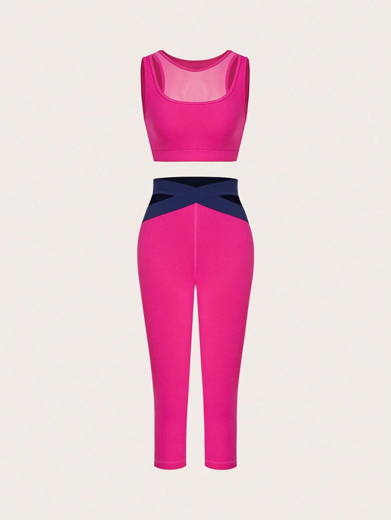 Conjunto 2pzs de Mujer color Fucsia /Detalle Azul Marino / Crop Top y Legging